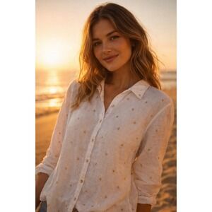 Nicole Miller White Linen Button Front Shirt Embroidered Gold Stars Women's XL